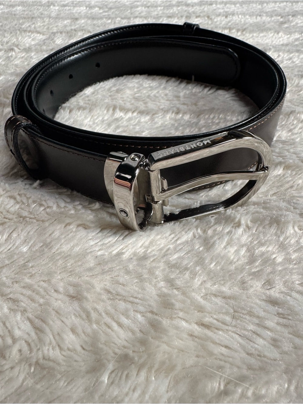 MONT BLANC Men's Black/Brown Reversible Leather Belt with Silver Buckle